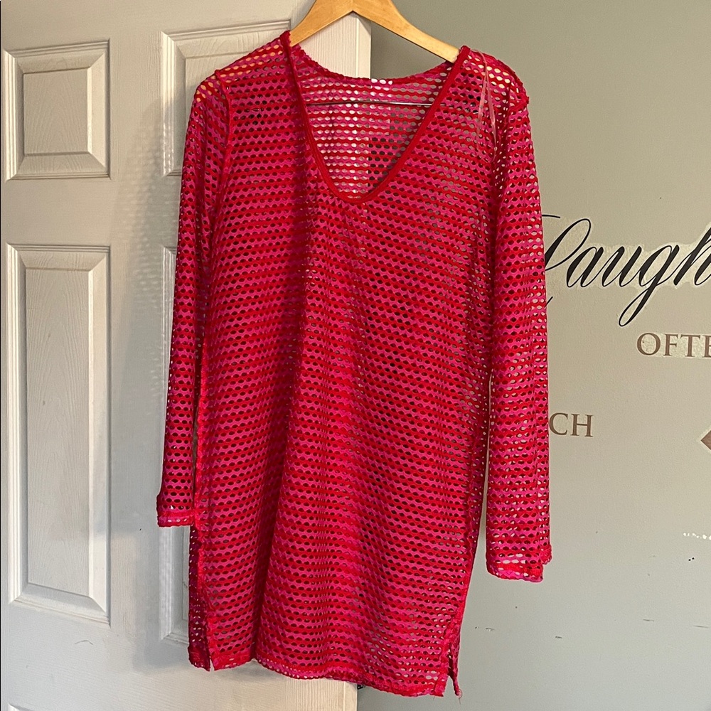 Red Mesh V-Neck Cover-Up